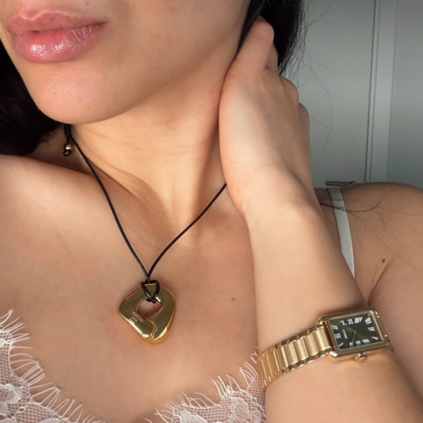 Élevé Irregular Leather Necklace, Gold Colour - Image 8