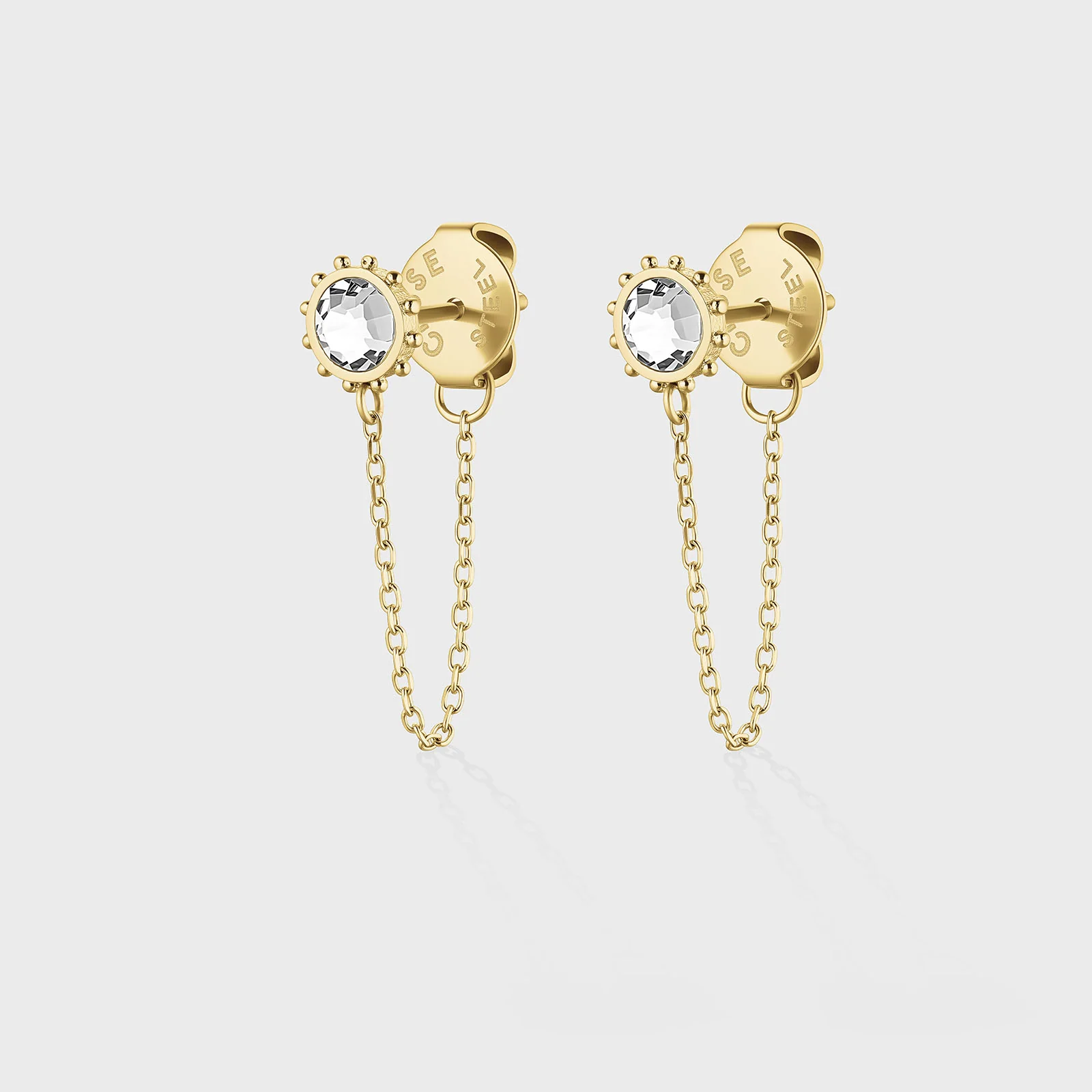 Essentielle Zircon Stud Chain Earrings, Gold Colour
