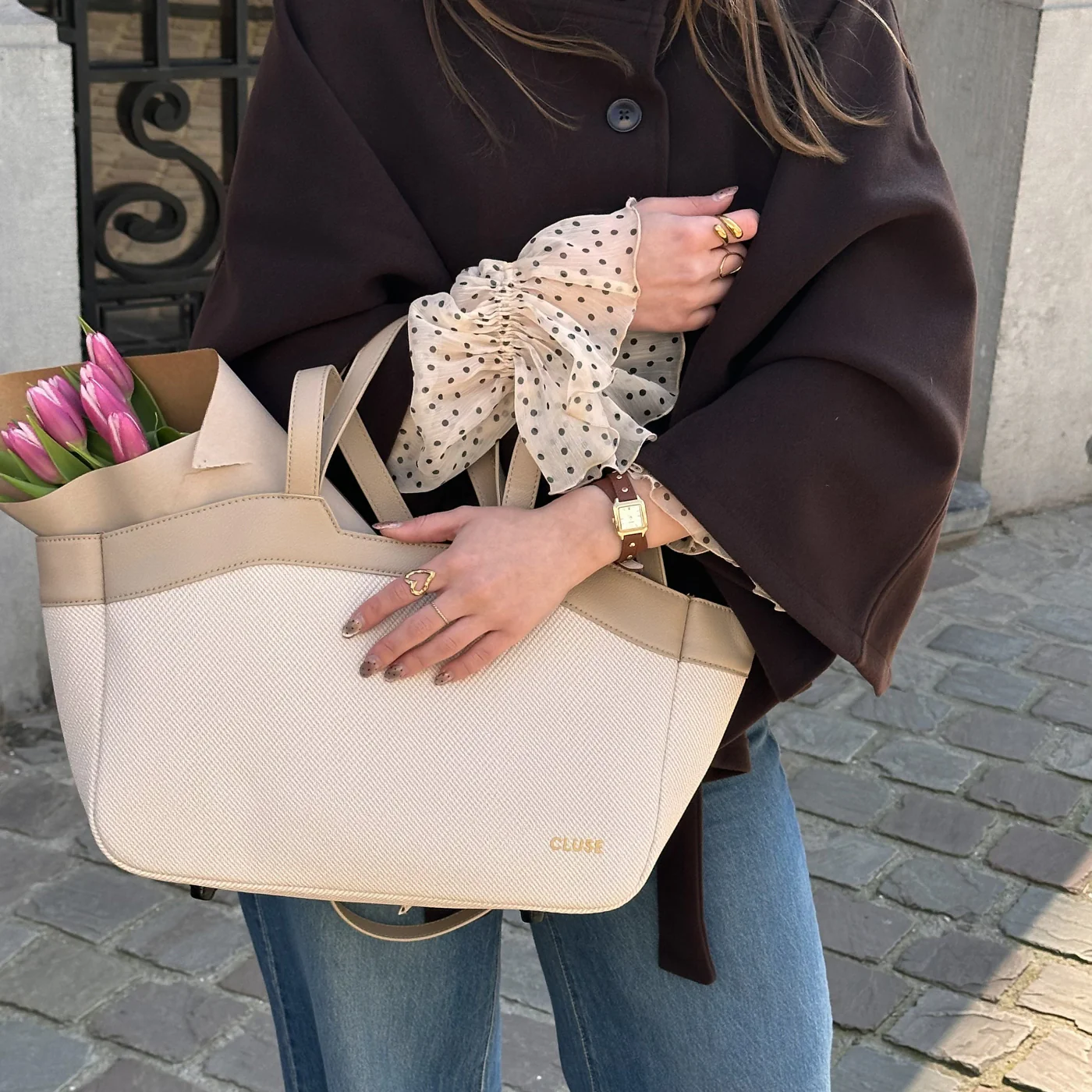 Tote Bag Petite, Textured Beige, Sand Colour - Image 8